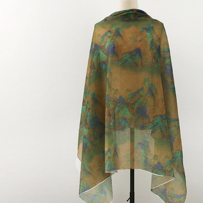 Tissu Tencel Ramie : Motif peinture de montagne, matériau pour la confection de robes