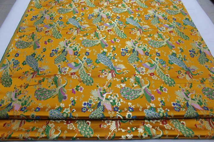 Peacock Floral Brocade Fabric: Chinese Silk Rayon Blend, 29"W
