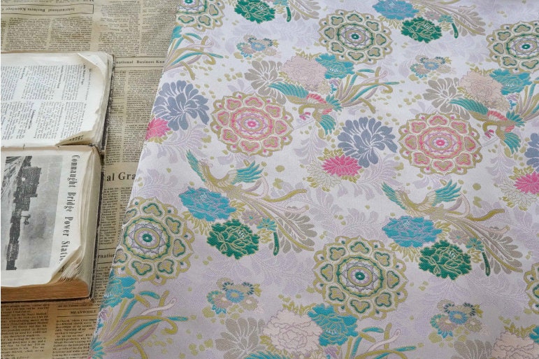 Beige Phoenix Song Brocade Fabric: 67"W Silk Rayon Blend