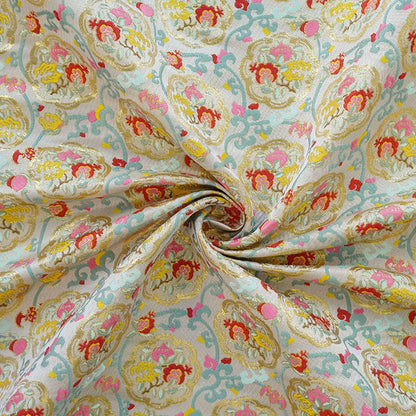 Oriental Medallion Jacquard Fabric, Gold Thread Chinese Textile, 59"W