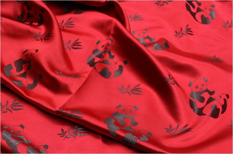 Tissu satiné brodé Panda : tissu de couture chinois à motifs de feuilles de bambou (largeur 45")