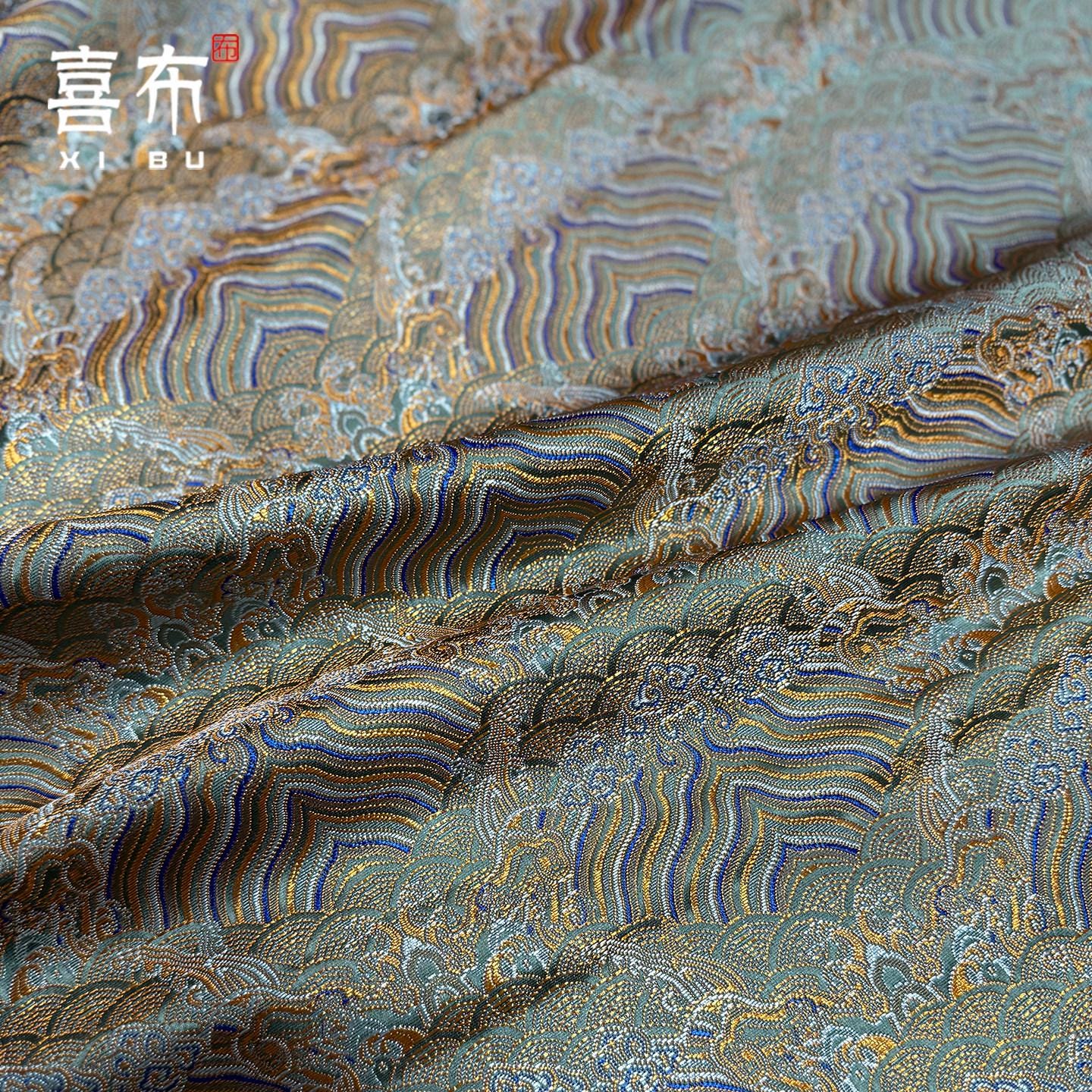 Dark Green Brocade Fabric ��� Wave & Cloud Rayon Ble"W, By The Meter)