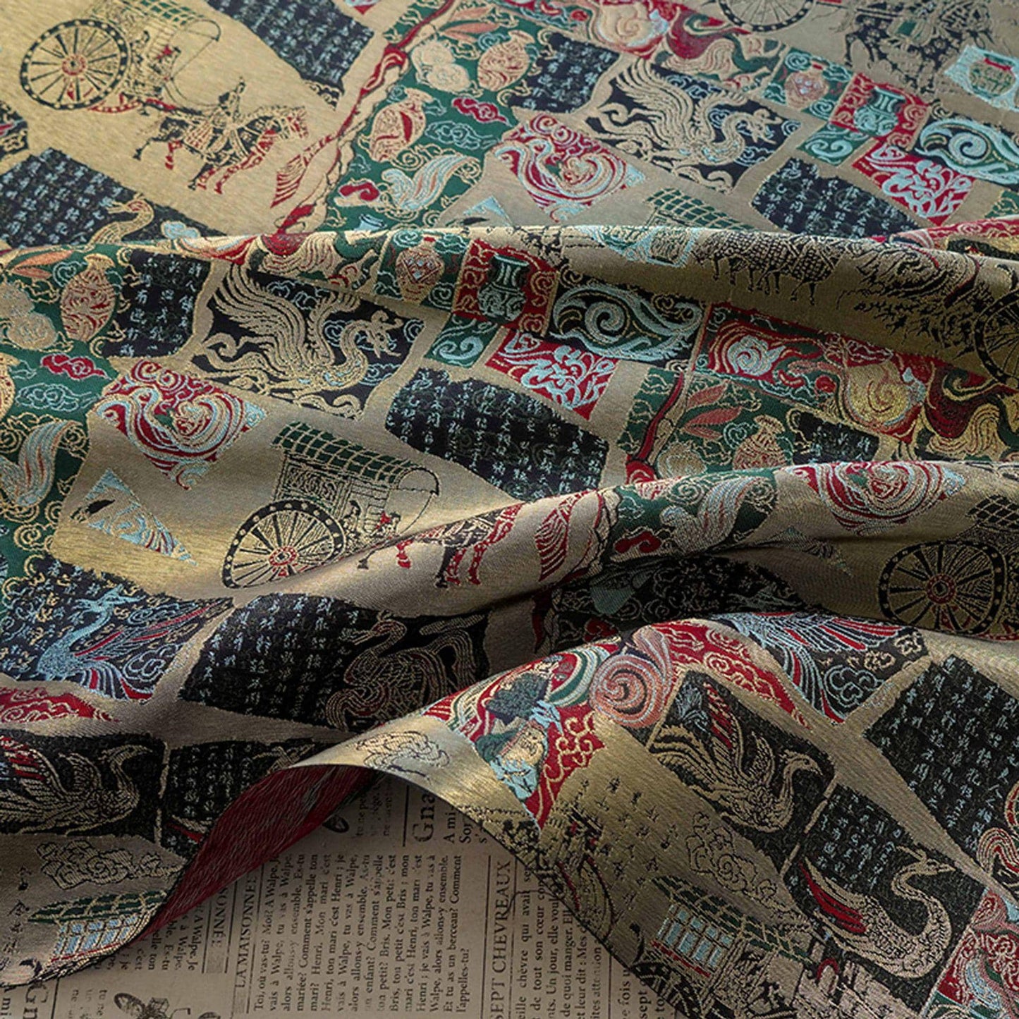 Gold Thread Song Brocade Jacquard Fabric, Tibetan Style, 59" Wide