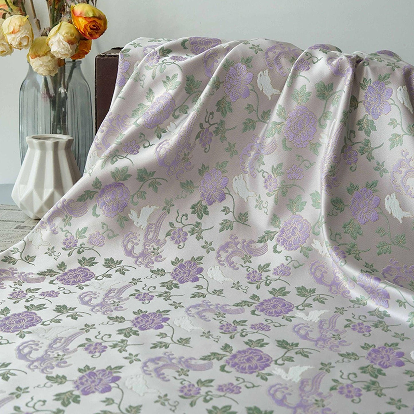 Jade Rabbit Brocade Fabric: Chinese Gold Jacquard Woven Textile