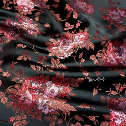 Floral Jacquard Brocade Fabric: Black Chinese Style (45"W)