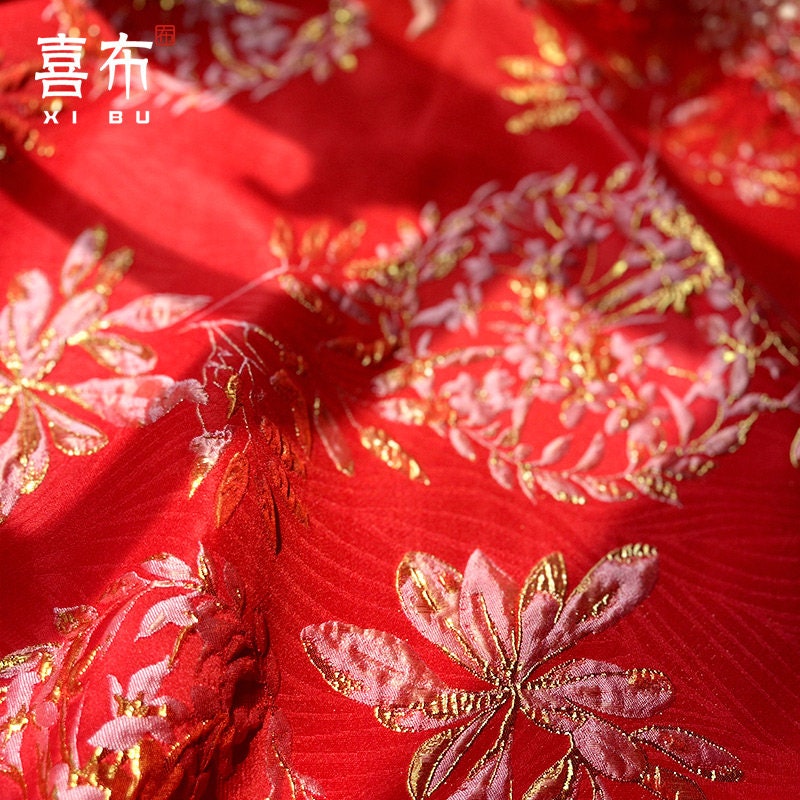 Red & Gold Jacquard Fabric: 3D Texture Designer Fabric, 56" Wide