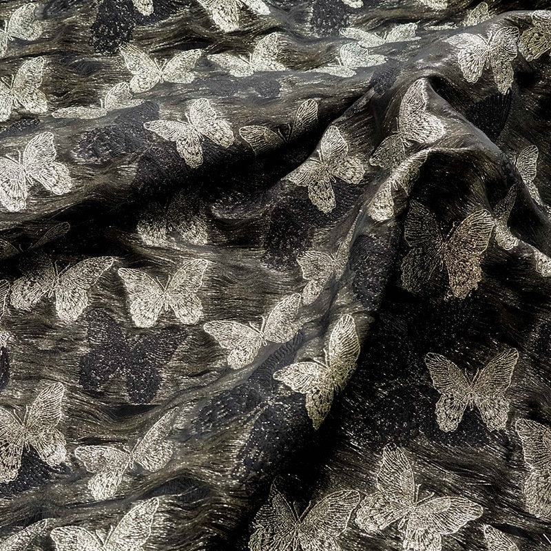 Gold Thread Butterfly Jacquard Fabric: 3D Texture, 56" Wide