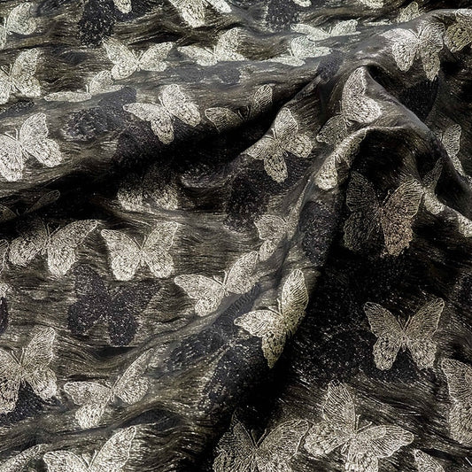 Tissu jacquard papillon à fil doré : texture 3D, largeur 142 cm