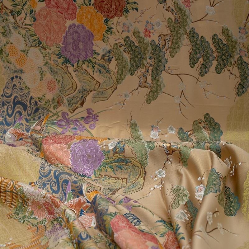 Nishijin Weave Fabric: Japanese Mandarin Duck & Floral Pattern (By The Meter)