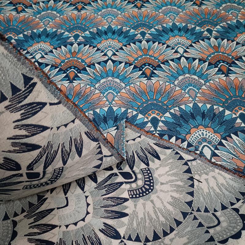 Bohemian Jacquard Woven Fabric: Blue & Orange Embossed Upholstery - 55"W