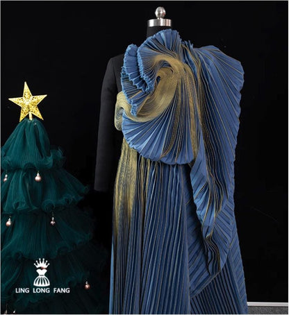 Ocean Blue Foil Pleated Fabric: Hand-Pressed Crepe Designer Material