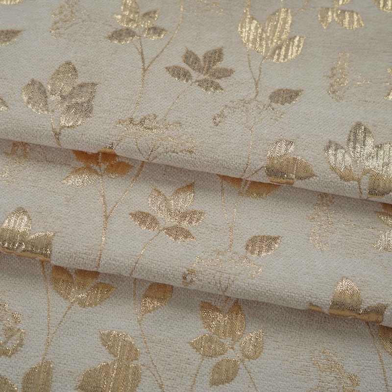 Gold Thread Jacquard Fabric: Floral Tapestry, 55" Wide, By The Meter