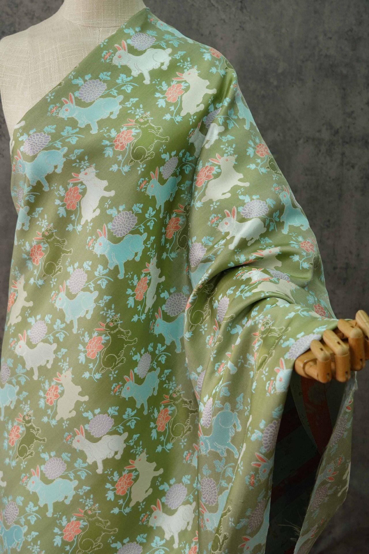 Bean Green Rabbit Brocade Fabric: 66"W Rayon Blend, Cheongsam Sewing