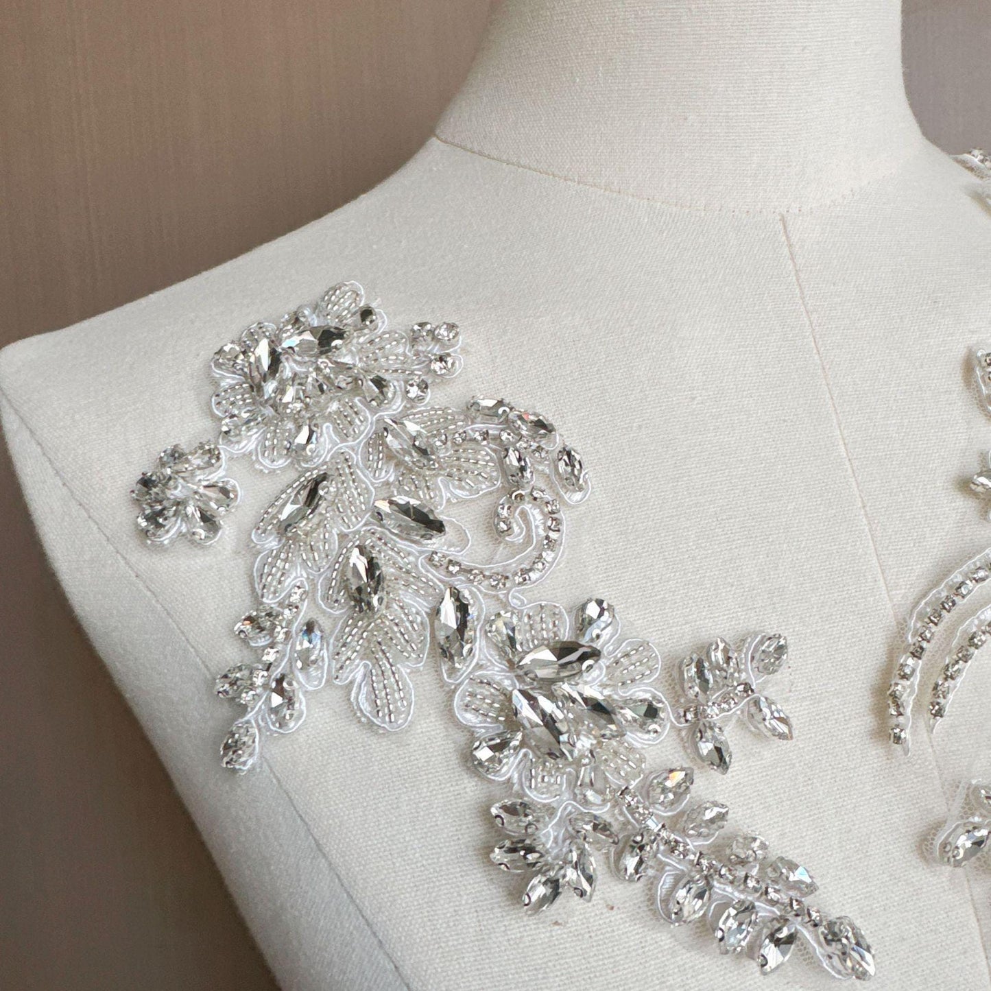 Embroidered Lace Trim with Rhinestones: Bridal Wedding Dress Applique