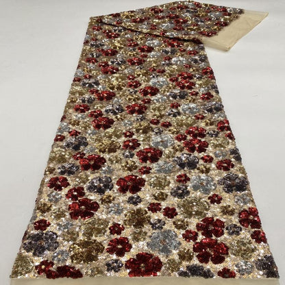 Floral Sequin Embroidery Fabric: Gold Thread Decorative Textile, 49 inches