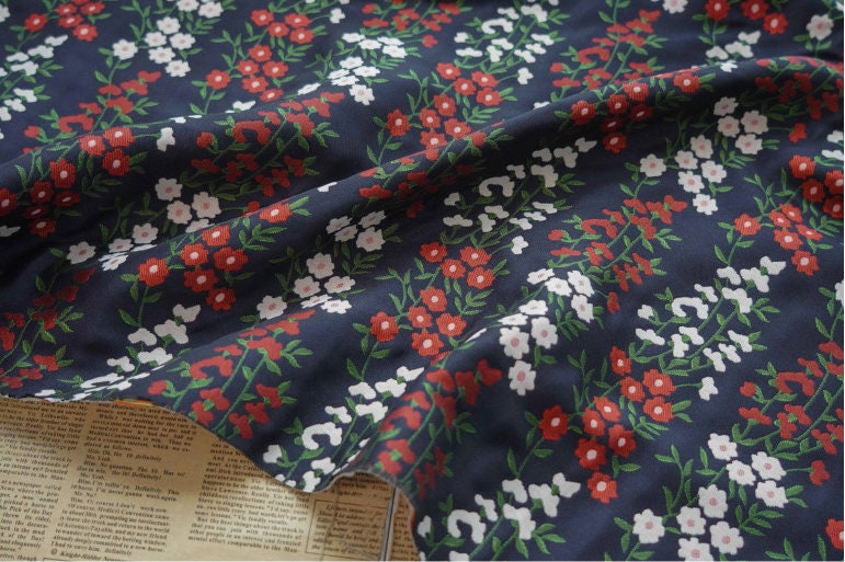 Dark Blue Floral Jacquard Fabric: Reversible Embossed Weave, 57"W