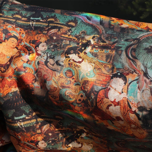 Tissu en lin Dunhuang Fresco Buddha : ameublement de style asiatique, écharpe, rideau, couture (55 po de largeur)