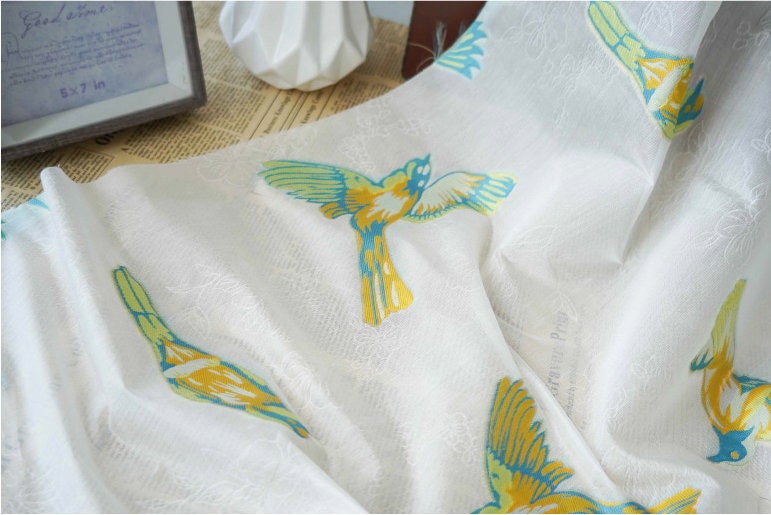 White Bird Jacquard Fabric: 3D Embroidery, 59" Wide, Nylon Polyester
