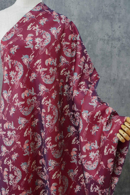 Tissu brocart satin jacquard Song : motif double grue et pivoine