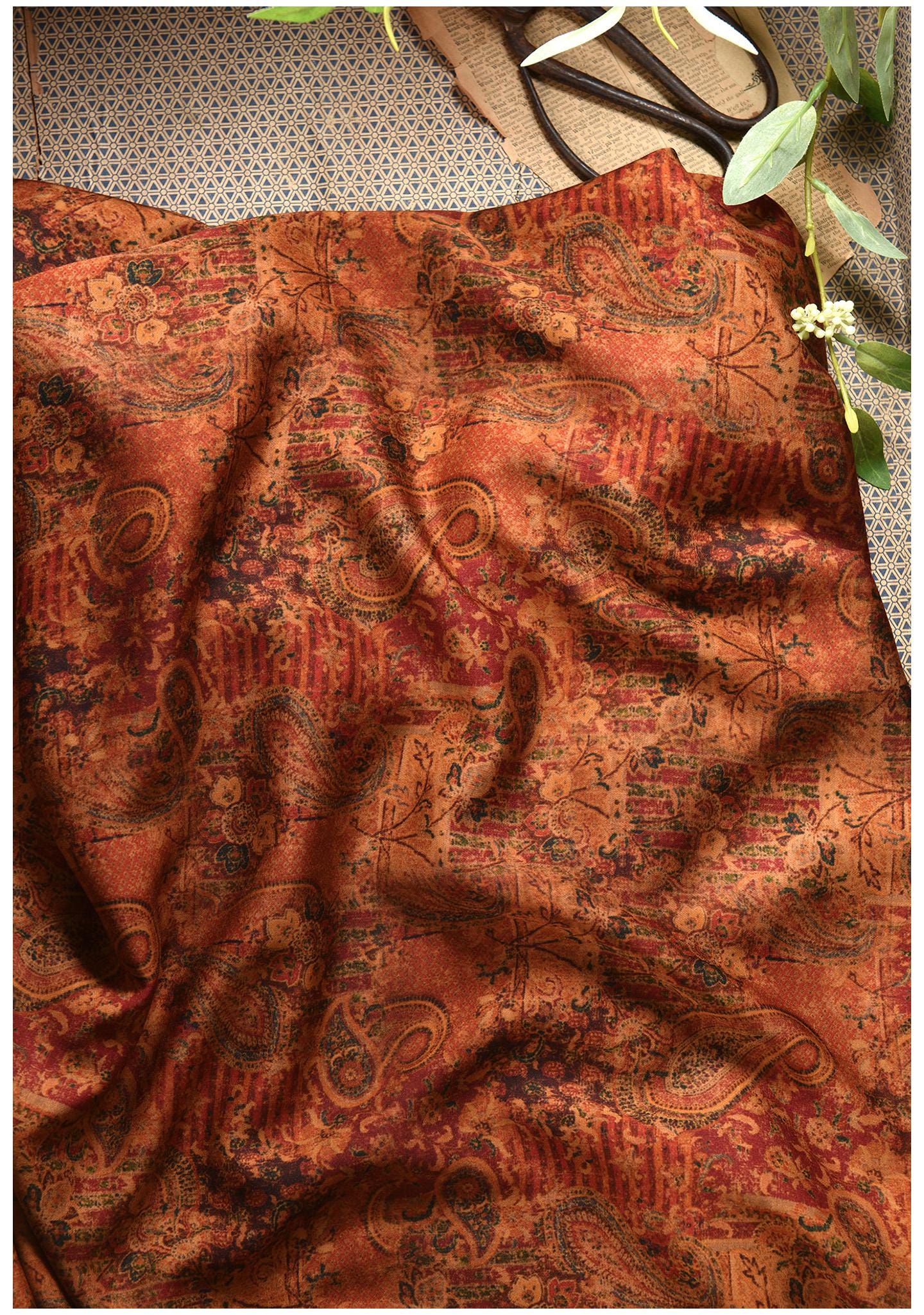 Dunhuang Pattern Cotton Sateen Fabric: Drapery, Upholstery, Costume - 55"W