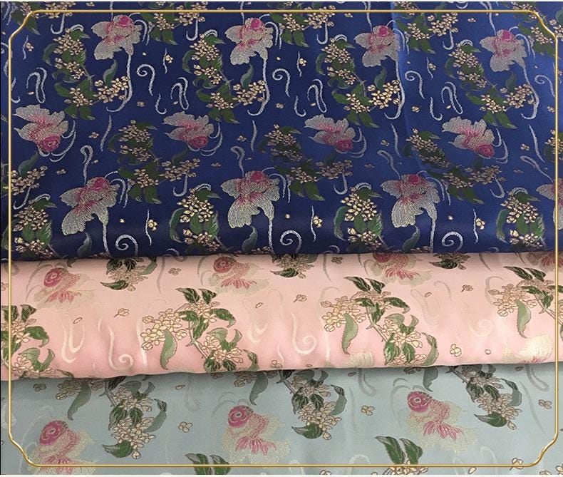 Aqua Blue Goldfish Silk Brocade Fabric: 59"W Emperor Robe, Cheongsam