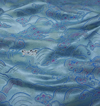 Aqua Blue Brocade Fabric: Sea of Clouds & Waves, 29.5"W