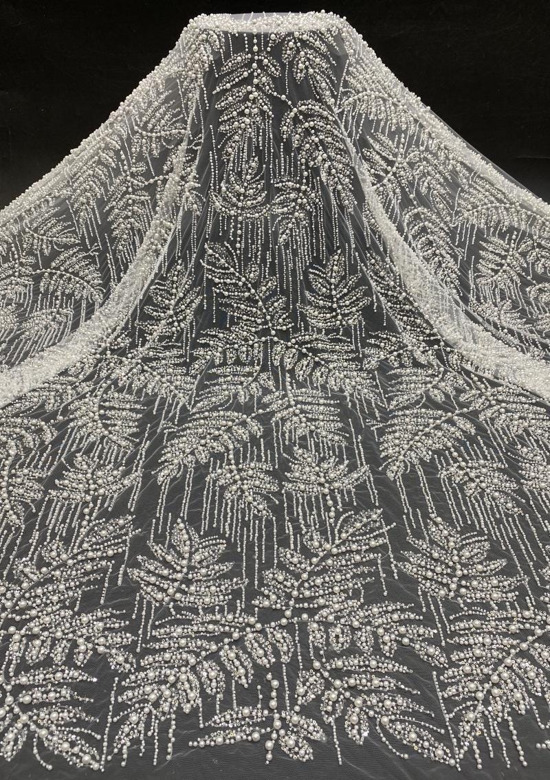 Luxury Beaded & Sequin Embroidered Fabric ��� 4/6/8mm Pearls, Bridal Material, Wedding Dress, Prom, Couture Sewing, High-End Fashi"W