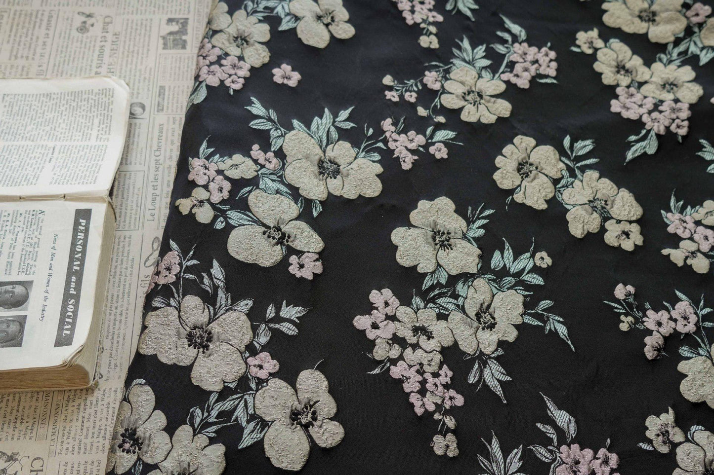 Floral Jacquard Fabric: 3D Effect Yellow Pink Flowers, 55" Wide - By The Meter