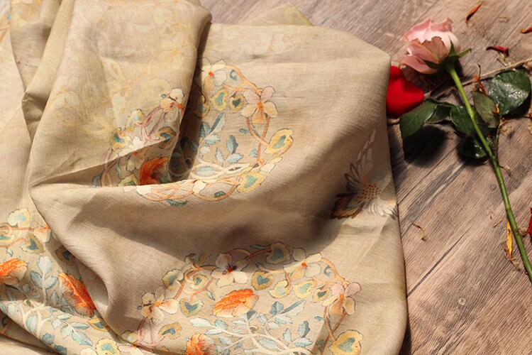 Floral Bird Ramie Fabric: 55" Wide, Soft Breathable Textile
