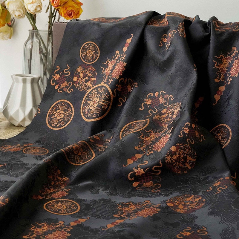 Black Botanical Print Fabric: Floral Cloud Yarn Upholstery, 59" Wide