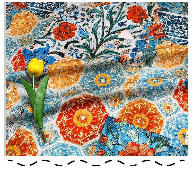 Persian Floral Cotton Fabric: Enamel Style Print, Quilting & Dressmaking, 55" Wide