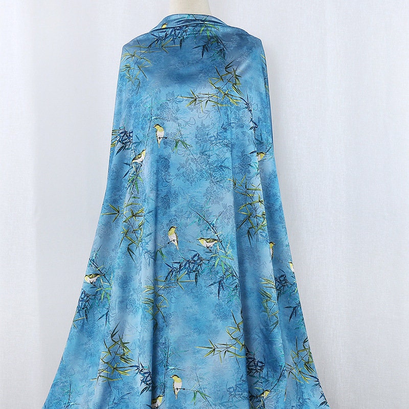 Bird & Tree Print Tea Silk Satin Fabric - 59"W Sewing Material