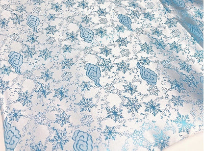 White & Blue Silk Brocade Fabric: Snow Cloud Design, 29.5" Wide