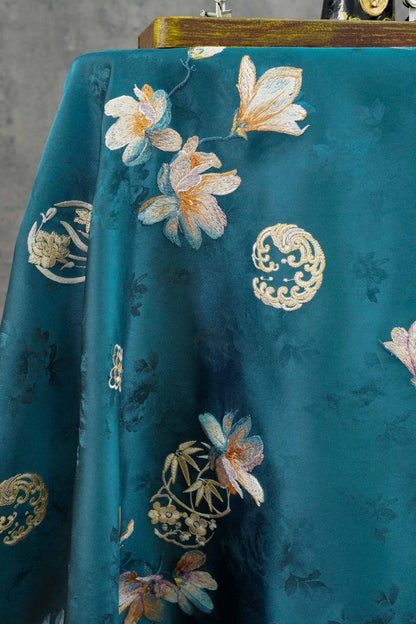 Silk Brocade Fabric: 59"W Peony Pattern for Cheongsam, Robes, Upholstery