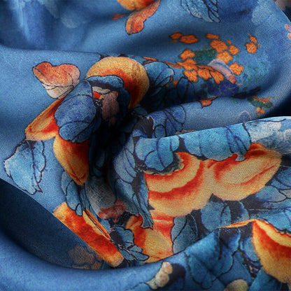 Tissu satiné bleu paon, imprimé floral, 150 cm de large