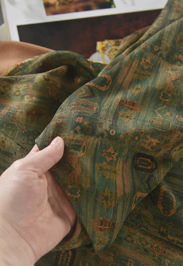 Ancient Chinese Ink Painting Cotton Fabric: Green Drapery Upholstery (55"W)