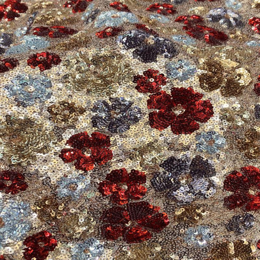 Floral Sequin Embroidery Fabric: Gold Thread Decorative Textile, 49 inches
