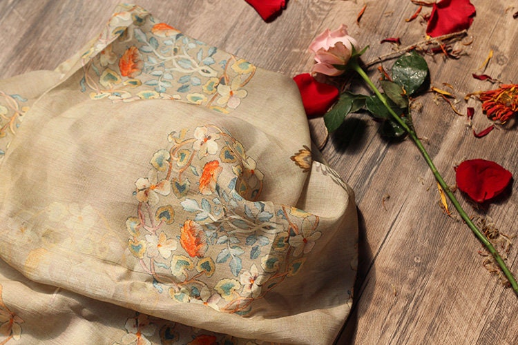 Floral Bird Ramie Fabric: 55" Wide, Soft Breathable Textile