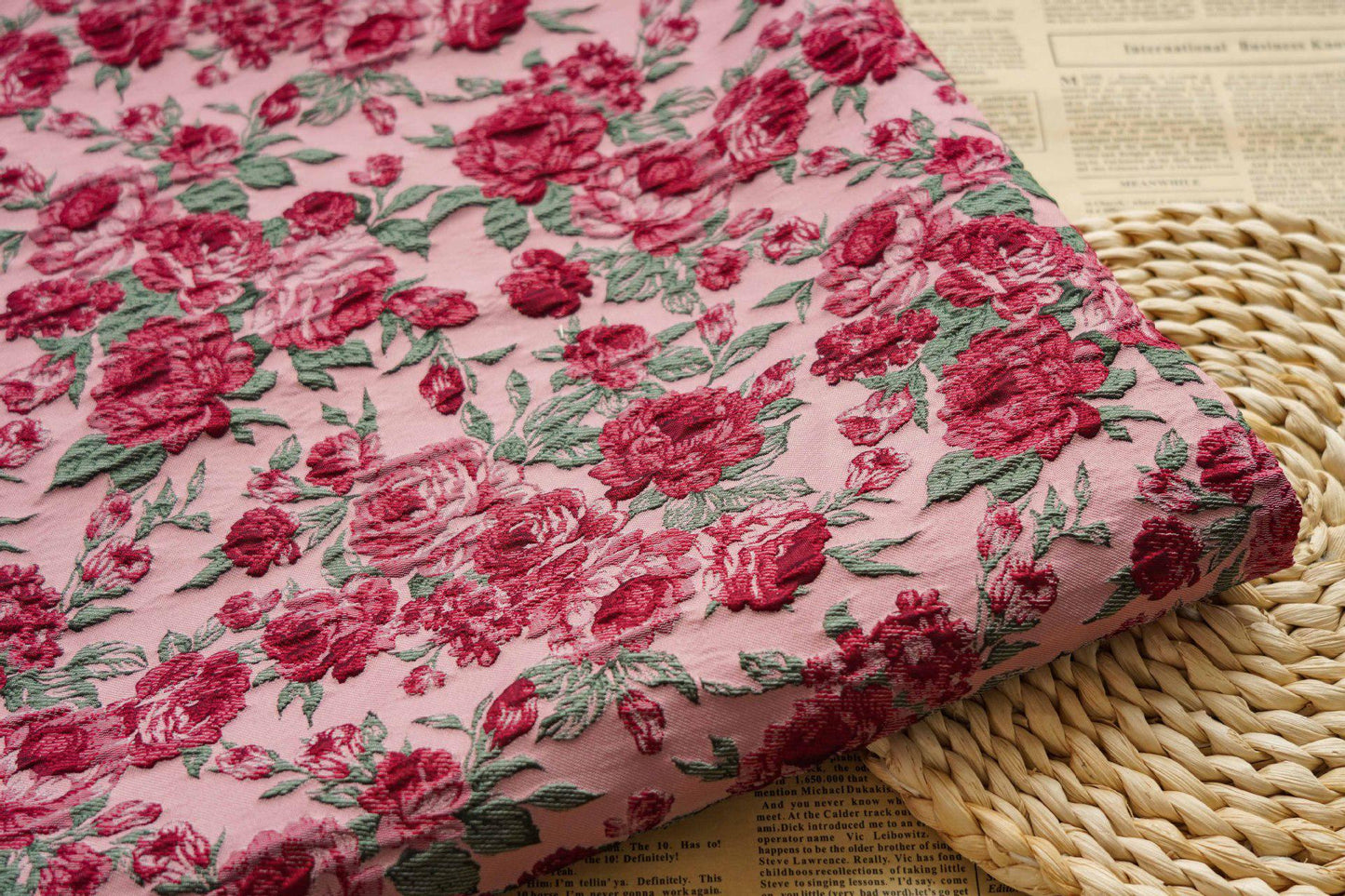Red Rose Floral Brocade Fabric ��� Embossed Jacqua" Wide