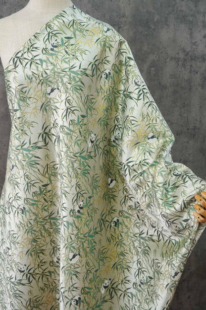 Tissu jacquard double face à motif de feuilles de bambou panda avec fils dorés, largeur 60 pouces