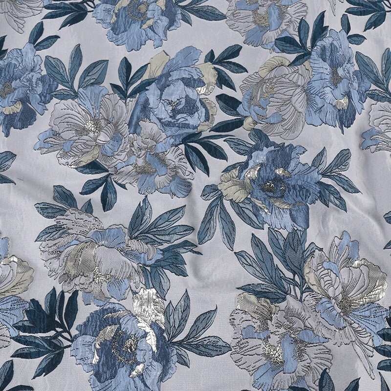 Sky Blue Jacquard Fabric with Gold Thread: Animal Print, 57" Wide