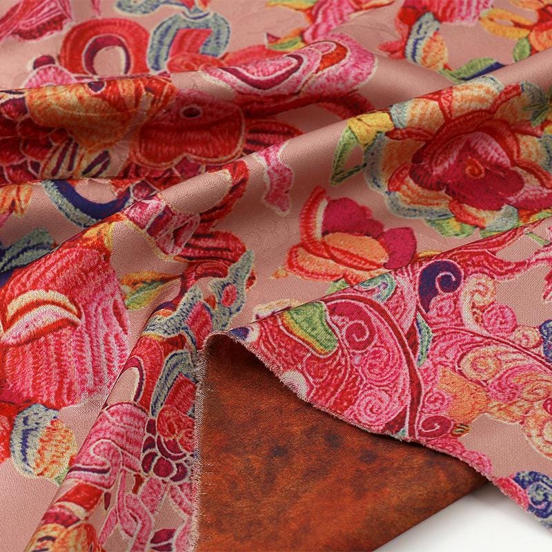 Ancient Painting Tea Silk Satin Fabric: 59"W Digital Print Upholstery