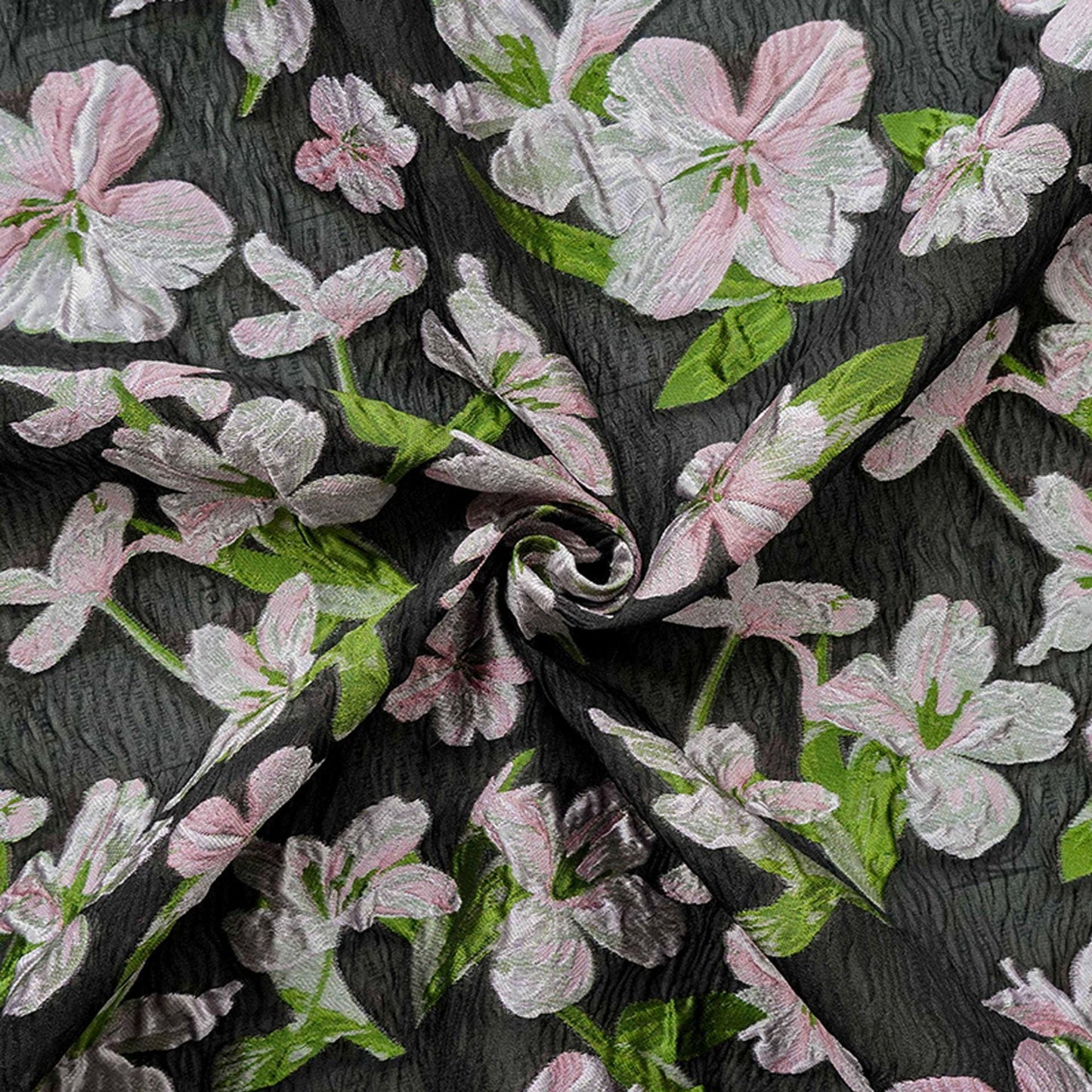 Black Embossed Floral Jacquard Fabric: Pink Flower Brocade, 55" Wide