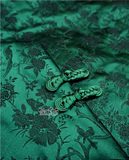 Jade Green Brocade Fabric: Bird & Azalea Design, Cheongsam Material
