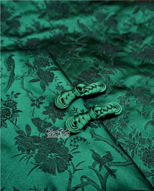 Tissu brocart vert jade : motif oiseaux et azalées, tissu pour cheongsam