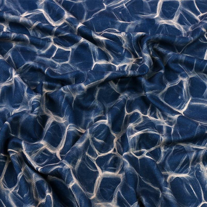 Blue Geometric Wool Silk Blend Fabric: Warm Autumn Winter Stretch