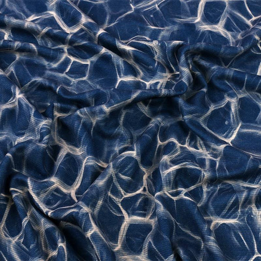 Tissu bleu géométrique en laine et soie mélangée : extensible, chaud et chaud pour l'automne et l'hiver