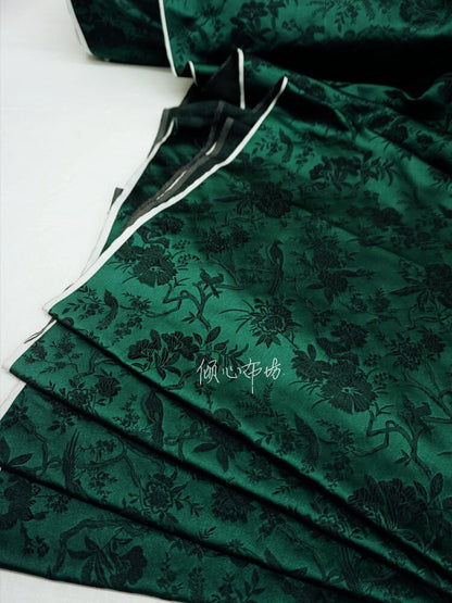 Jade Green Brocade Fabric: Bird & Azalea Design, Cheongsam Material