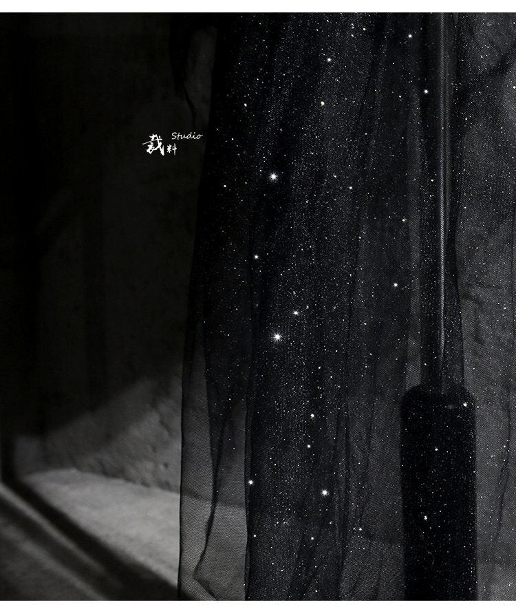Glitter Organza Fabric, Mermaid Tears Design, Wedding Gown Mesh, Black & White