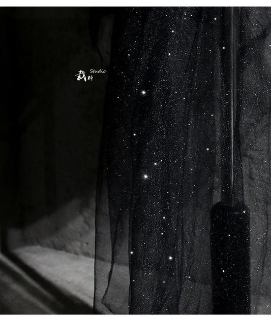 Glitter Organza Fabric, Mermaid Tears Design, Wedding Gown Mesh, Black & White